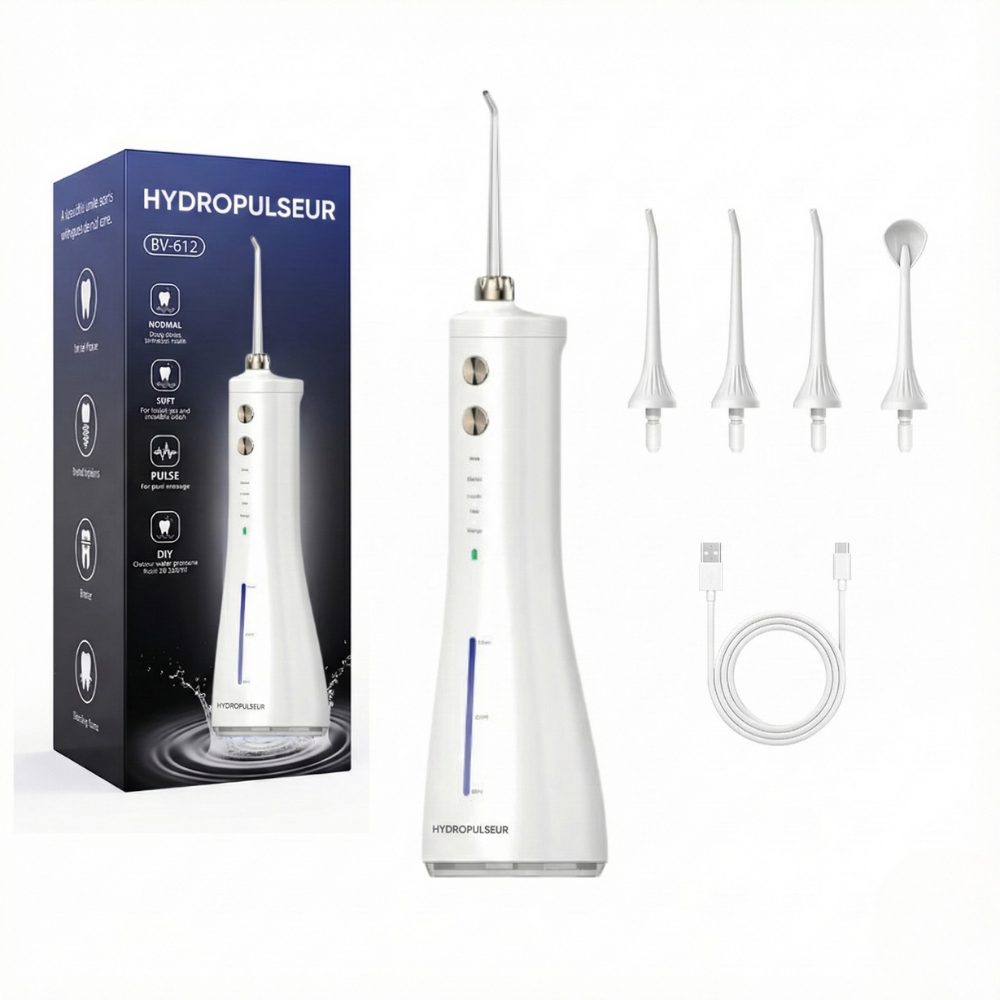 Jet Dentaire Sans Fil – Hydropulseur Rechargeable Soin complet dents et gencives – 3 modes, 4 embouts Réservoir 300 ml, 30-120 PSI, étanche IPX7