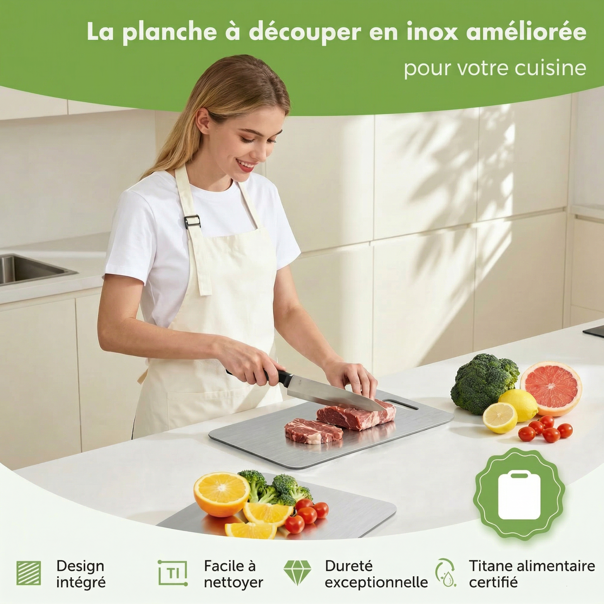 Avolo Planche à découper en inox — 100 % acier inoxydable, sans substances nocives, compatible lave-vaisselle