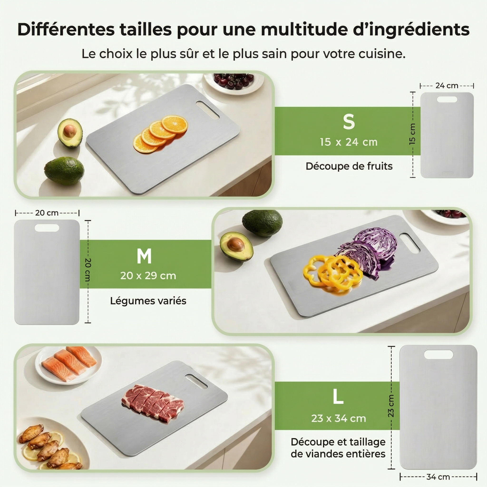 Avolo Planche à découper en inox — 100 % acier inoxydable, sans substances nocives, compatible lave-vaisselle